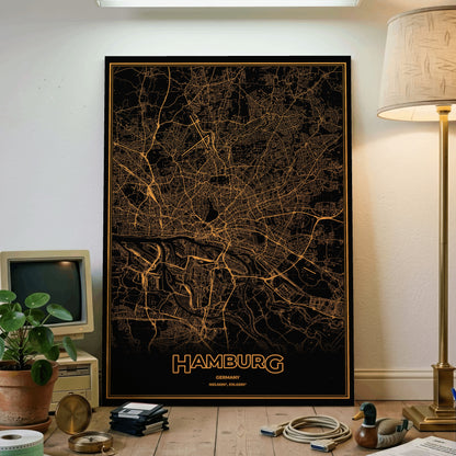 Hamburg Phosphor Map Poster - Amber CRT