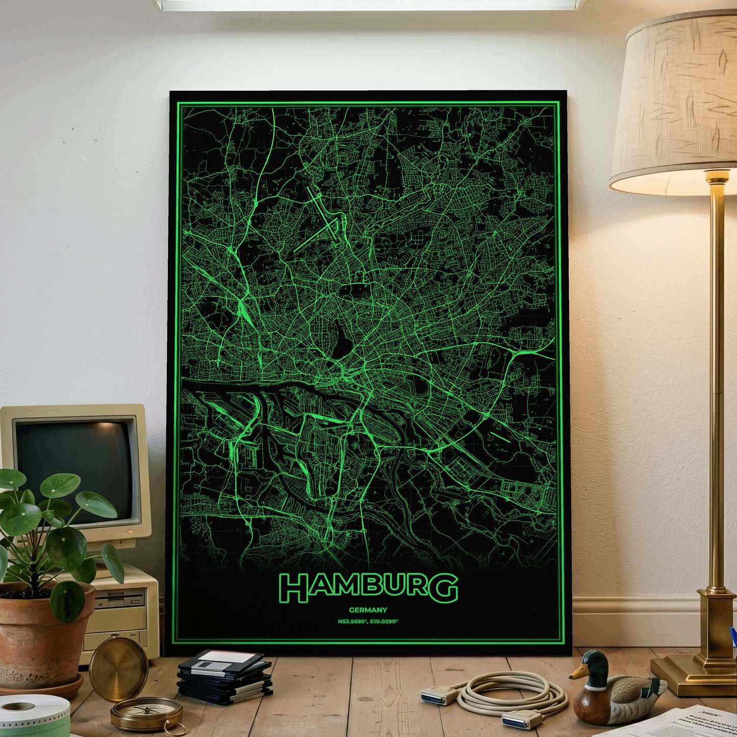 Hamburg Phosphor Map Poster - Phosphor Green