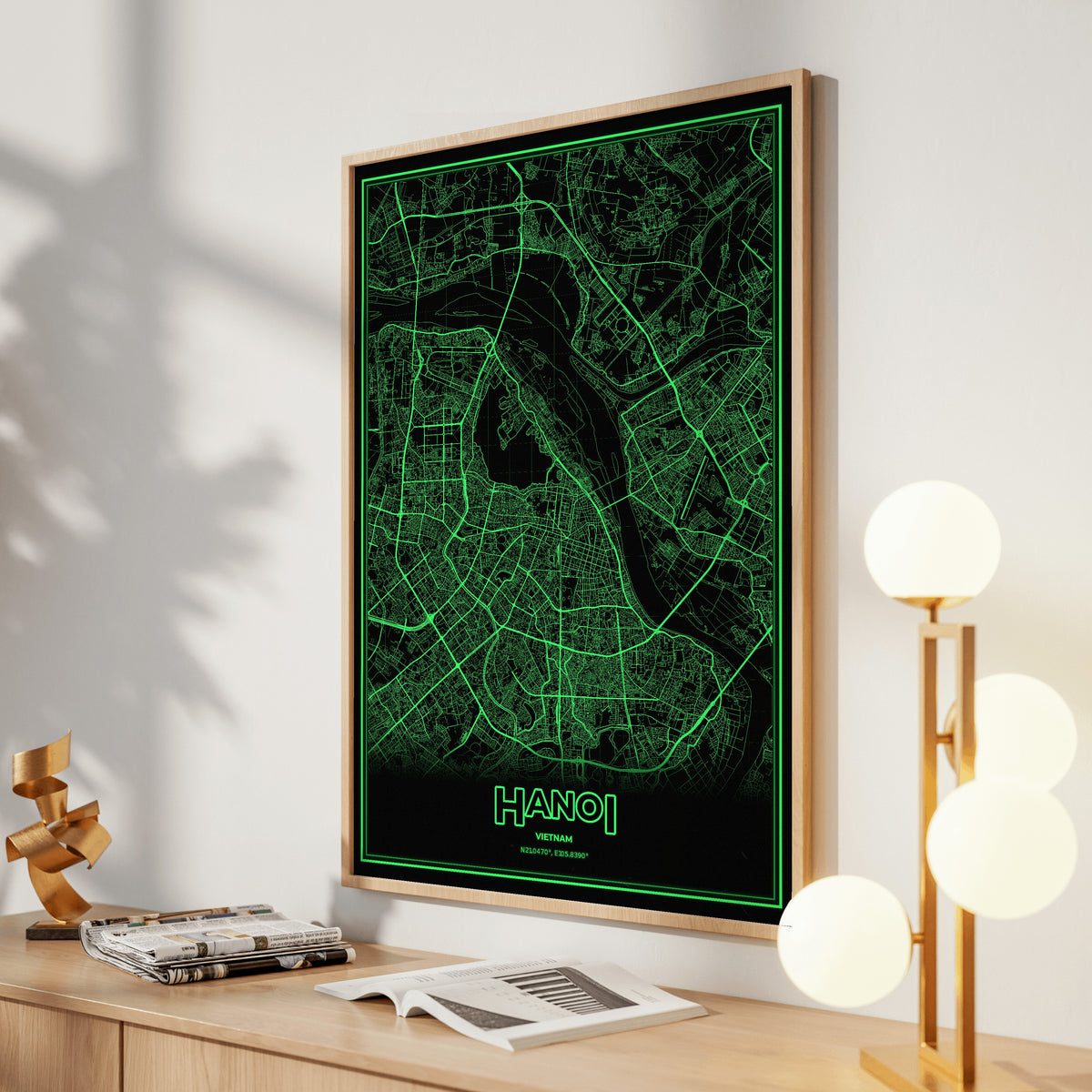Hanoi Phosphor Map Poster - Phosphor Green
