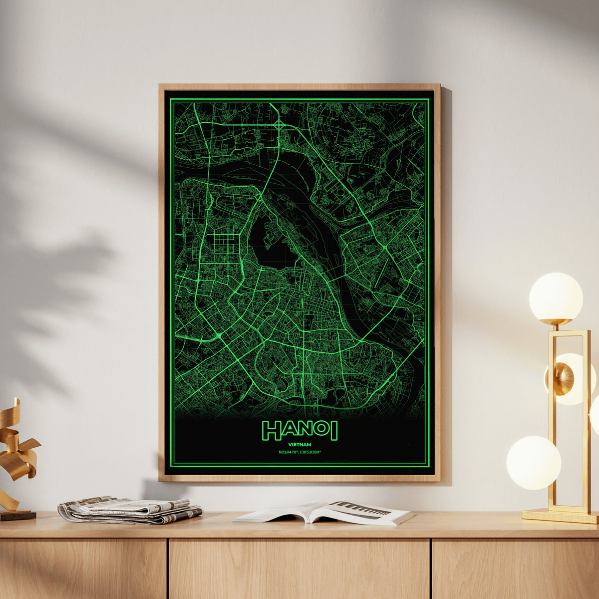 Hanoi Phosphor Map Poster - Phosphor Green