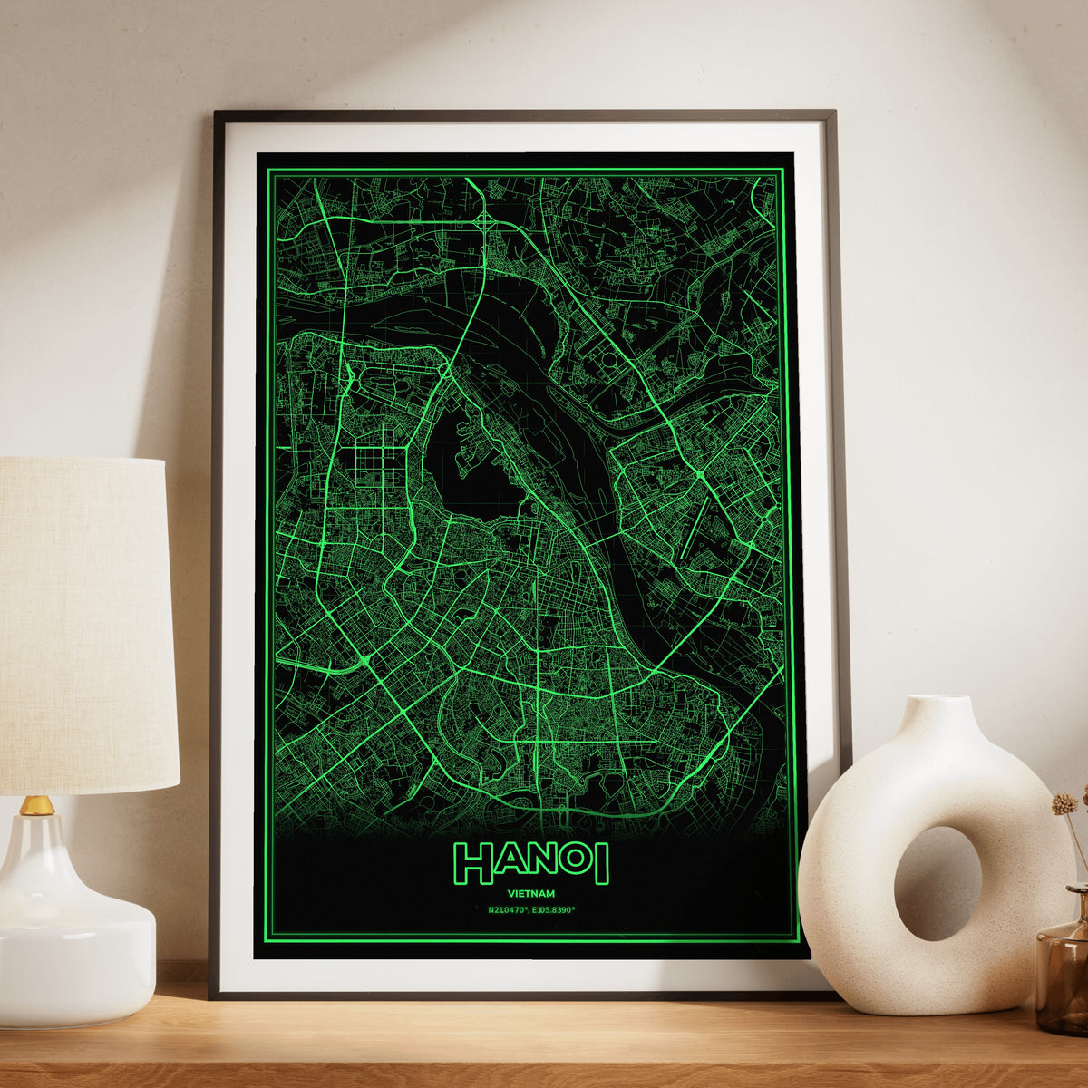 Hanoi Phosphor Map Poster - Phosphor Green