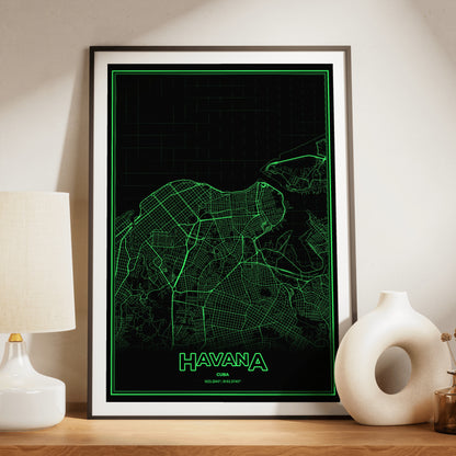 Havana Phosphor Map Poster - Phosphor Green