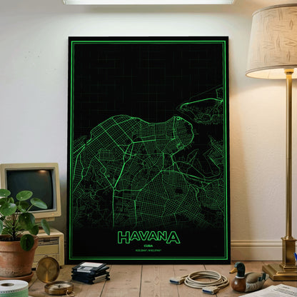 Havana Phosphor Map Poster - Phosphor Green