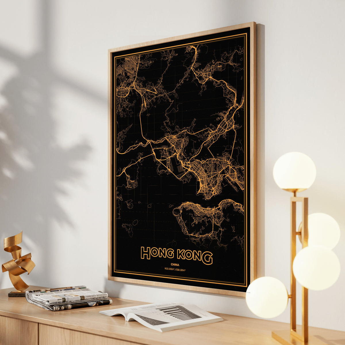 Hong Kong Phosphor Map Poster - Amber CRT