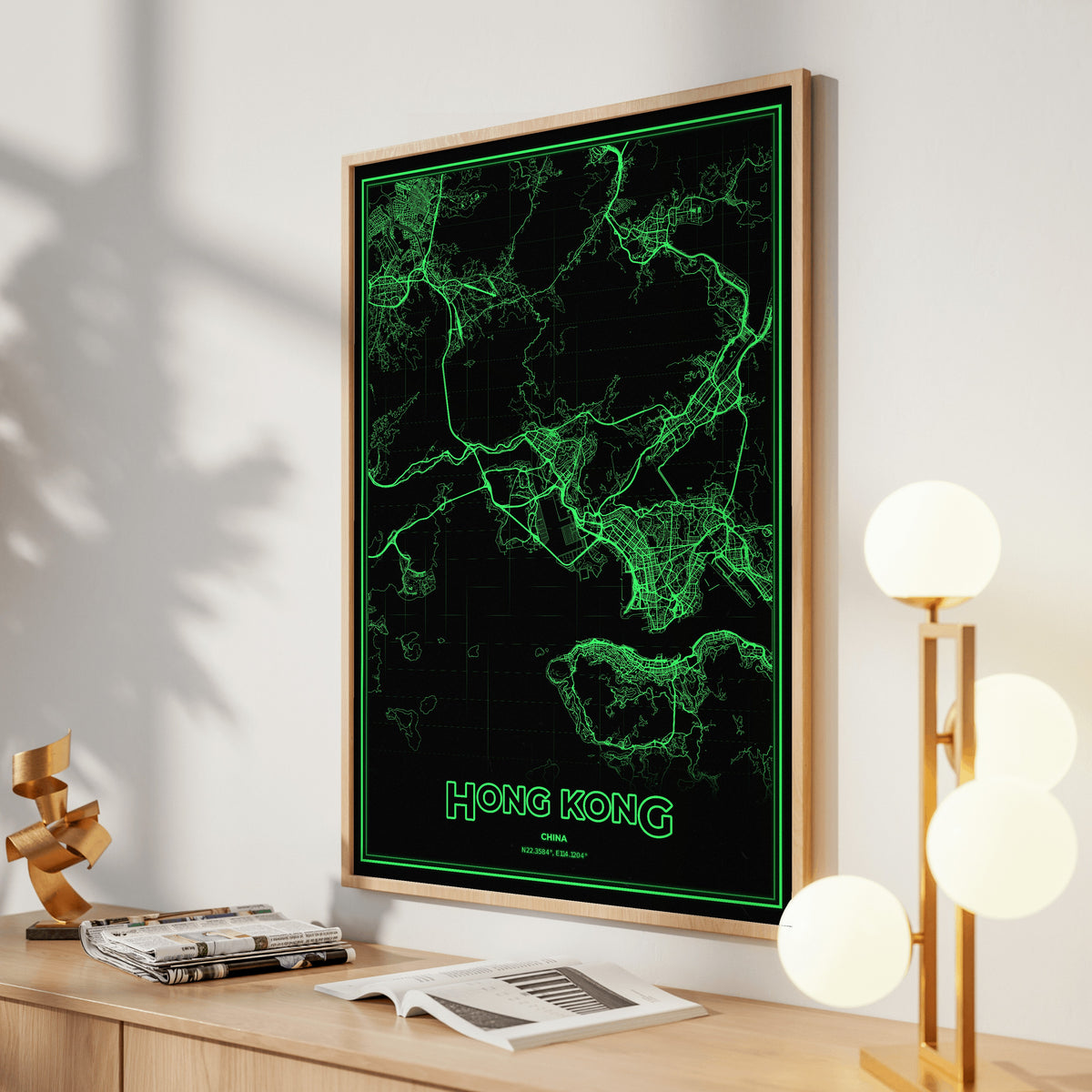 Hong Kong Phosphor Map Poster - Phosphor Green