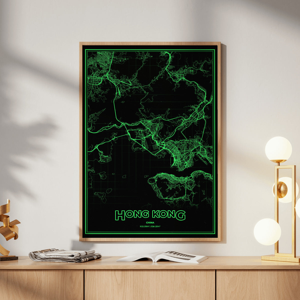 Hong Kong Phosphor Map Poster - Phosphor Green
