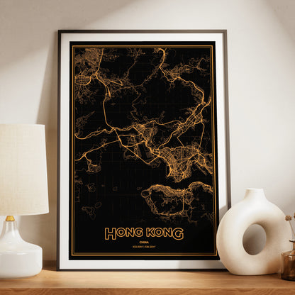 Hong Kong Phosphor Map Poster - Amber CRT