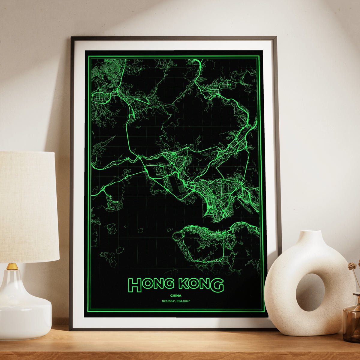 Hong Kong Phosphor Map Poster - Phosphor Green