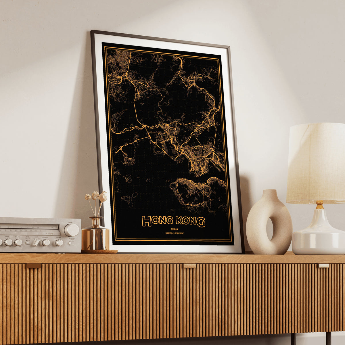 Hong Kong Phosphor Map Poster - Amber CRT
