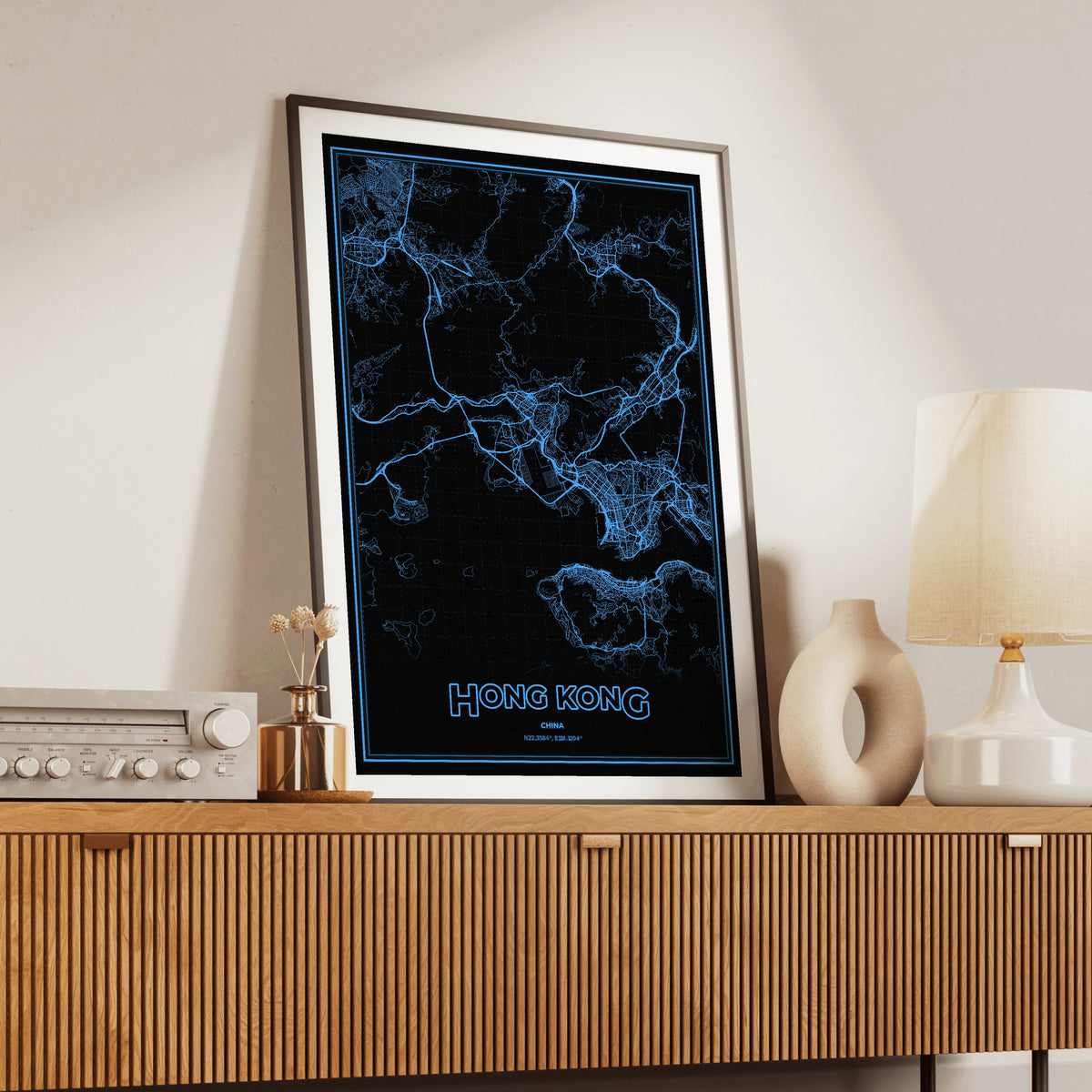 Hong Kong Phosphor Map Poster - IBM Blue