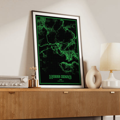 Hong Kong Phosphor Map Poster - Phosphor Green