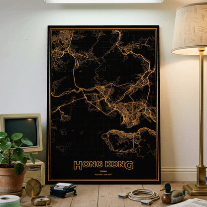 Hong Kong Phosphor Map Poster - Amber CRT