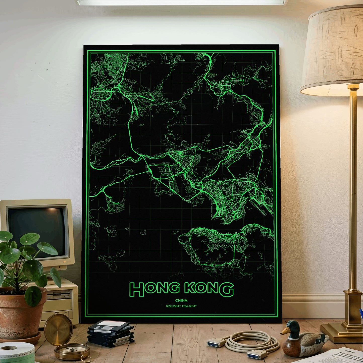 Hong Kong Phosphor Map Poster - Phosphor Green