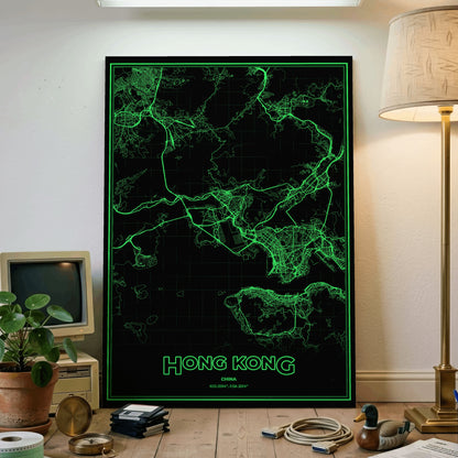 Hong Kong Phosphor Map Poster - Phosphor Green