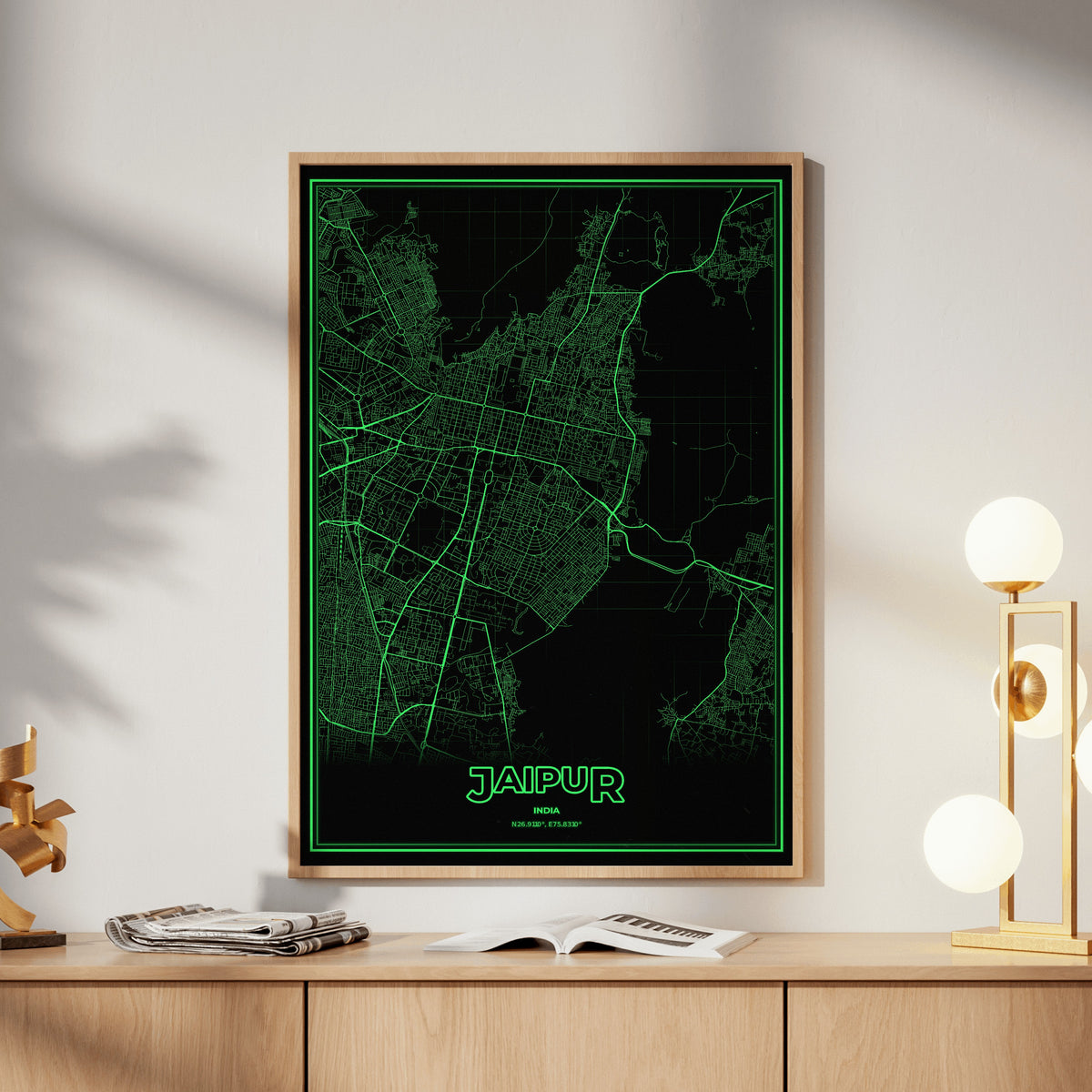 Jaipur Phosphor Map Poster - Phosphor Green