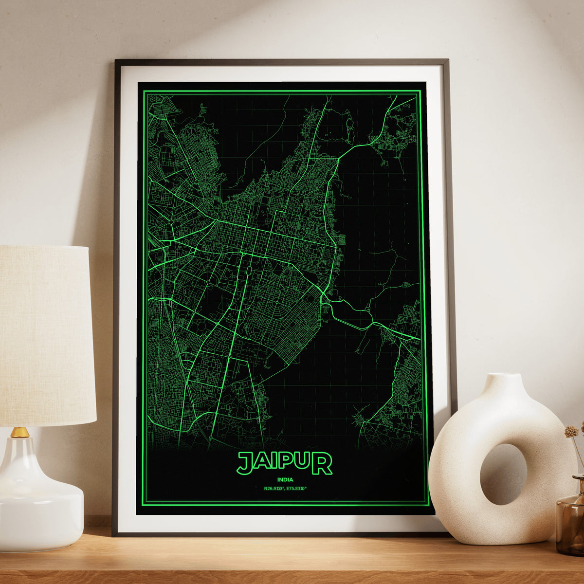 Jaipur Phosphor Map Poster - Phosphor Green