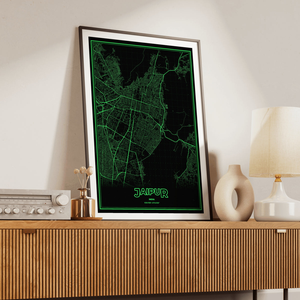 Jaipur Phosphor Map Poster - Phosphor Green