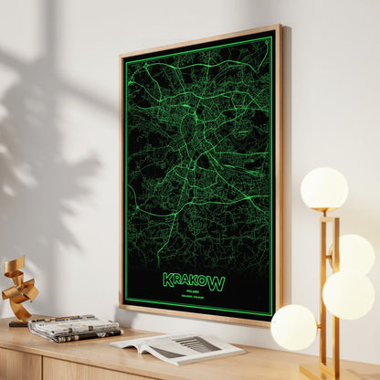 Krakow Phosphor Map Poster - Phosphor Green