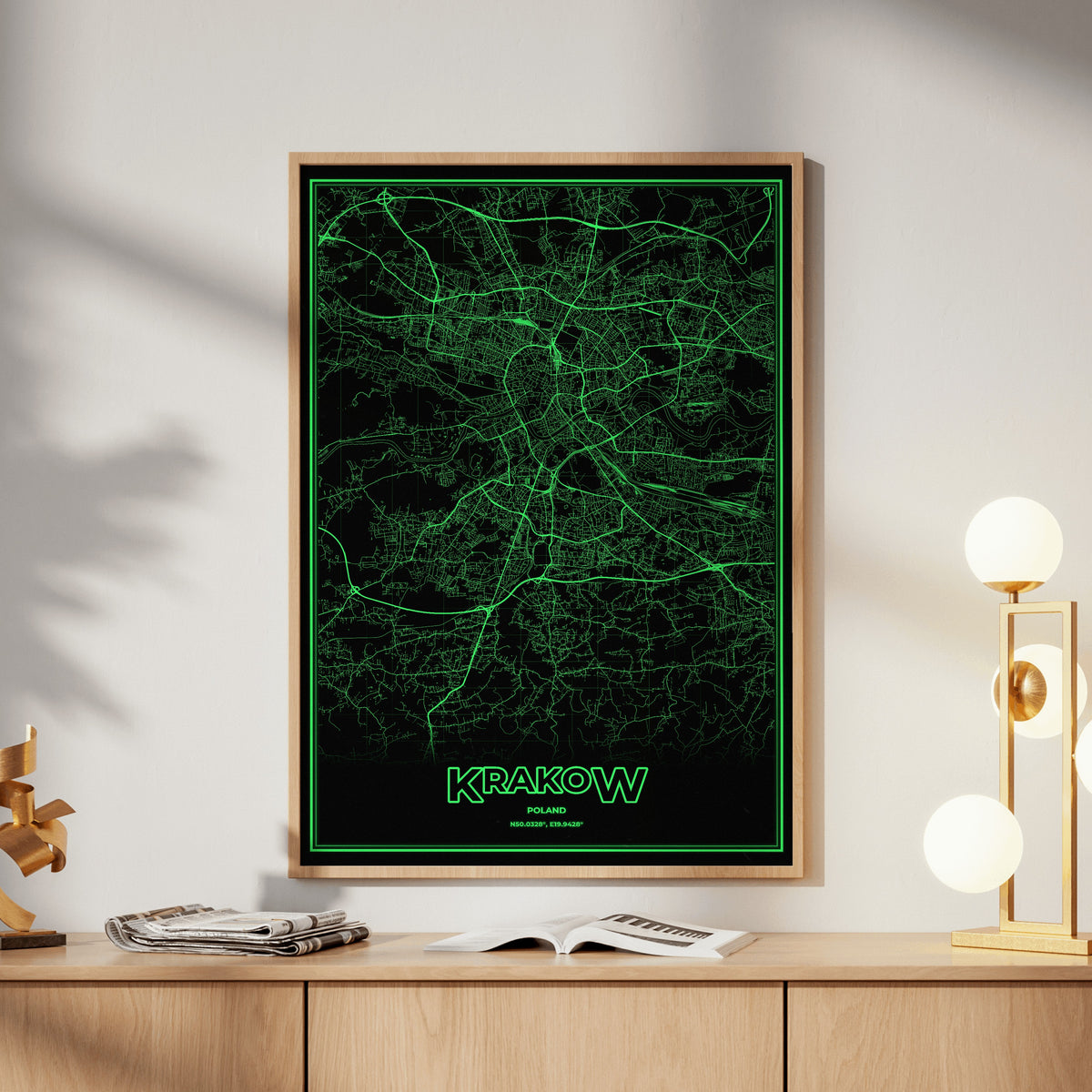 Krakow Phosphor Map Poster - Phosphor Green