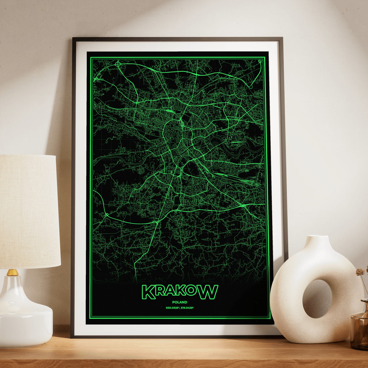 Krakow Phosphor Map Poster - Phosphor Green