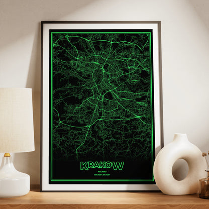 Krakow Phosphor Map Poster - Phosphor Green