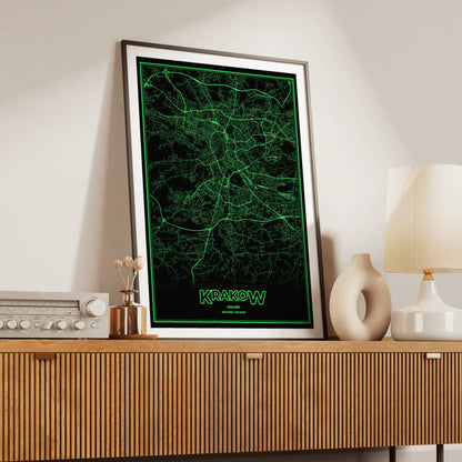 Krakow Phosphor Map Poster - Phosphor Green