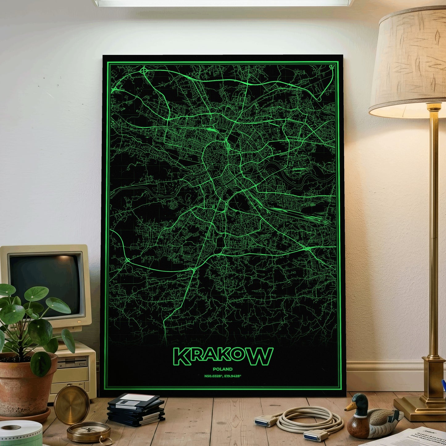 Krakow Phosphor Map Poster - Phosphor Green