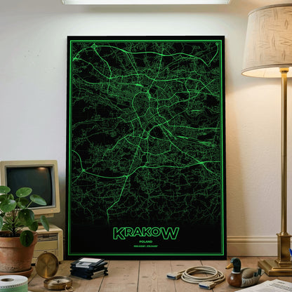 Krakow Phosphor Map Poster - Phosphor Green