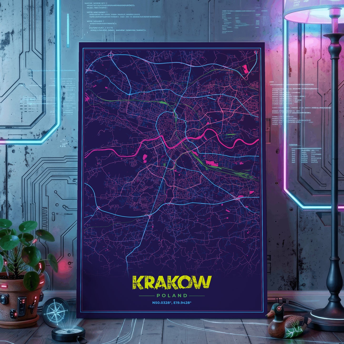 Krakow Cyberpunk Map Poster