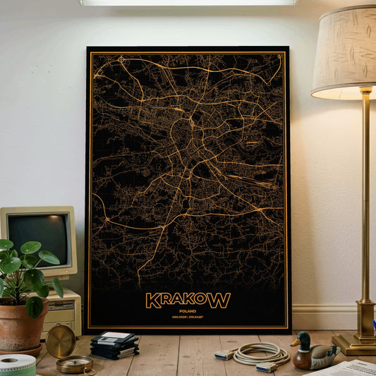 Krakow Phosphor Map Poster - Amber CRT