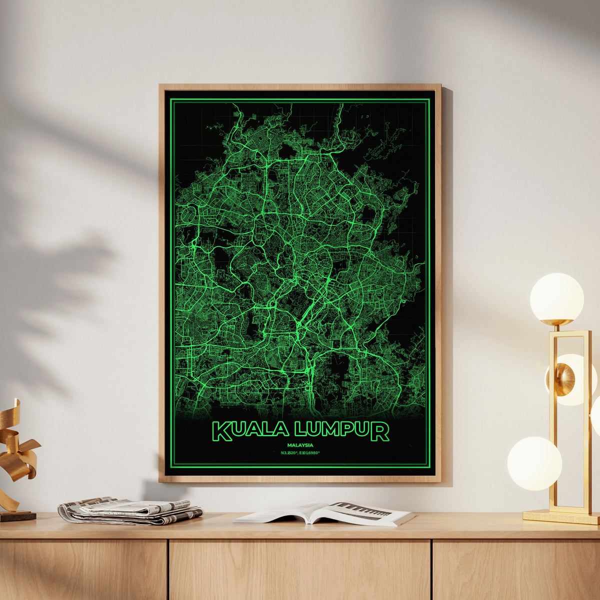 Kuala Lumpur Phosphor Map Poster - Phosphor Green