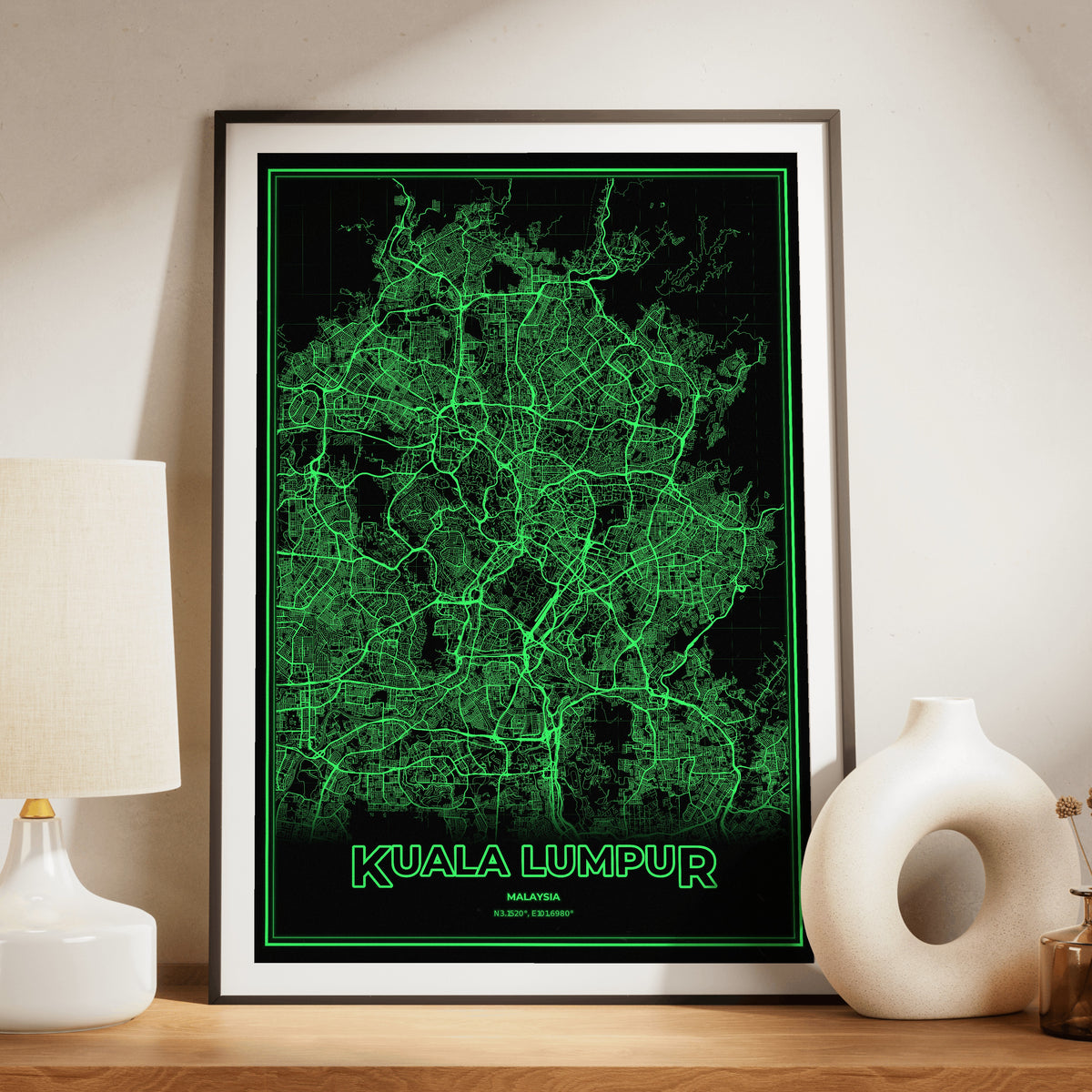 Kuala Lumpur Phosphor Map Poster - Phosphor Green