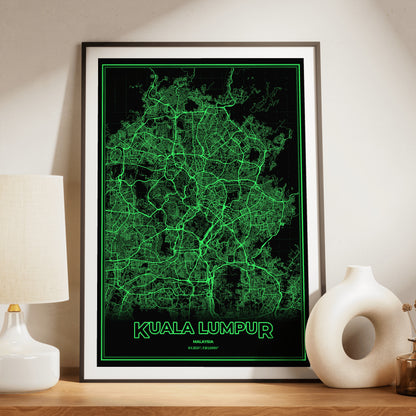 Kuala Lumpur Phosphor Map Poster - Phosphor Green