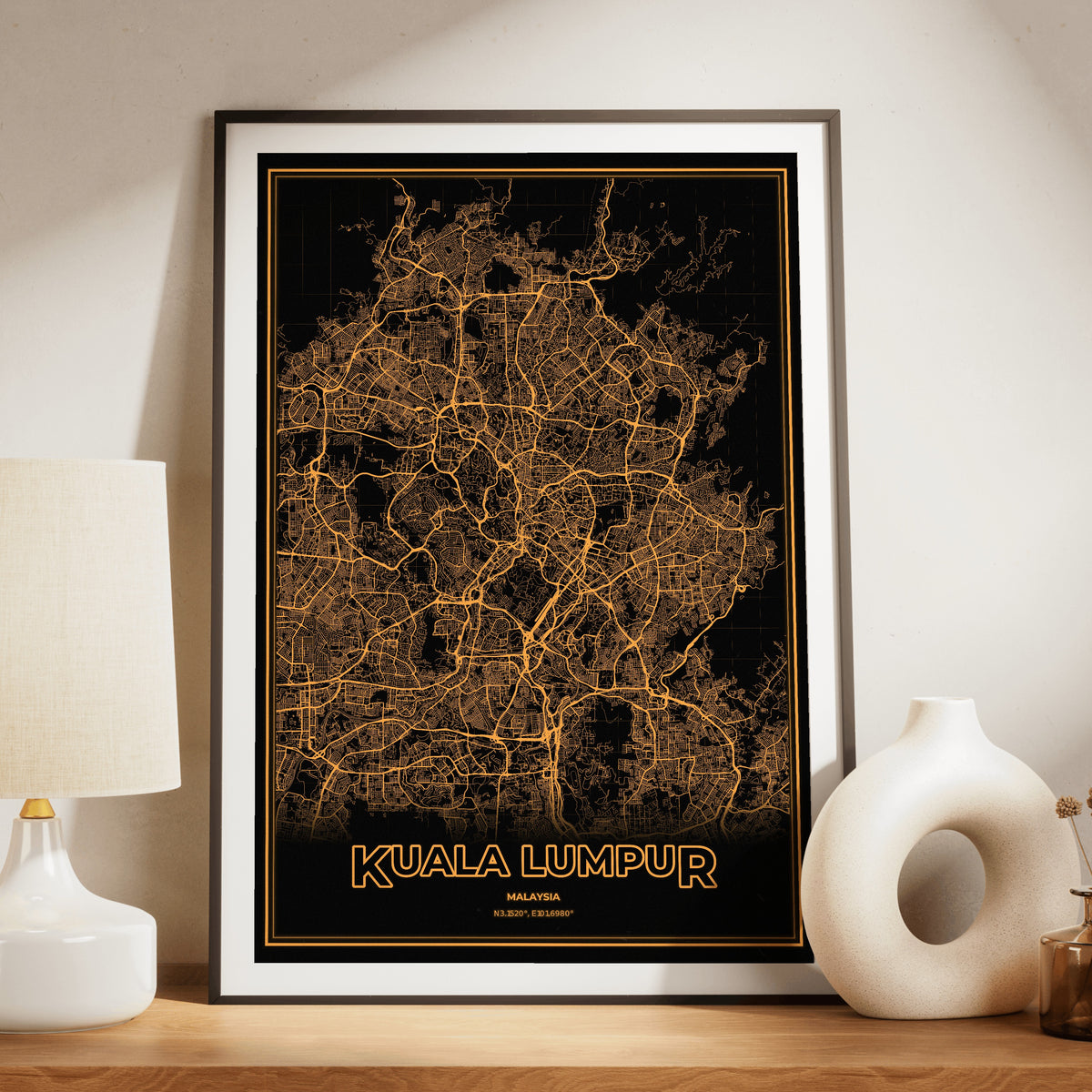 Kuala Lumpur Phosphor Map Poster - Amber CRT