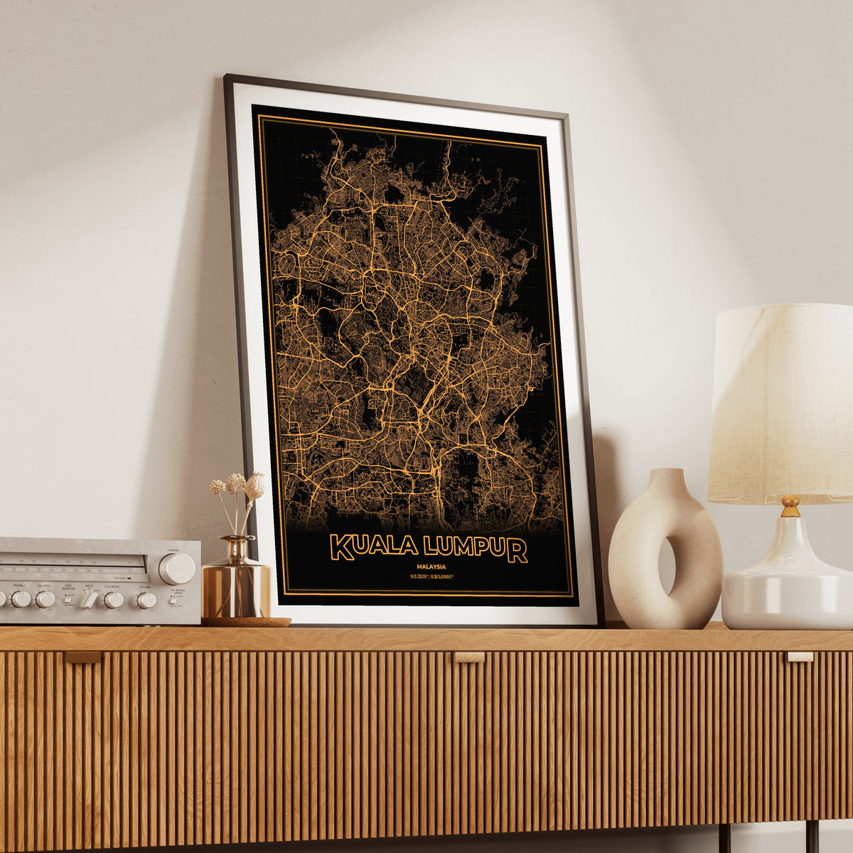 Kuala Lumpur Phosphor Map Poster - Amber CRT