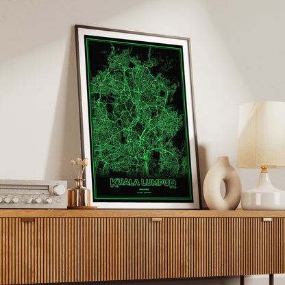 Kuala Lumpur Phosphor Map Poster - Phosphor Green