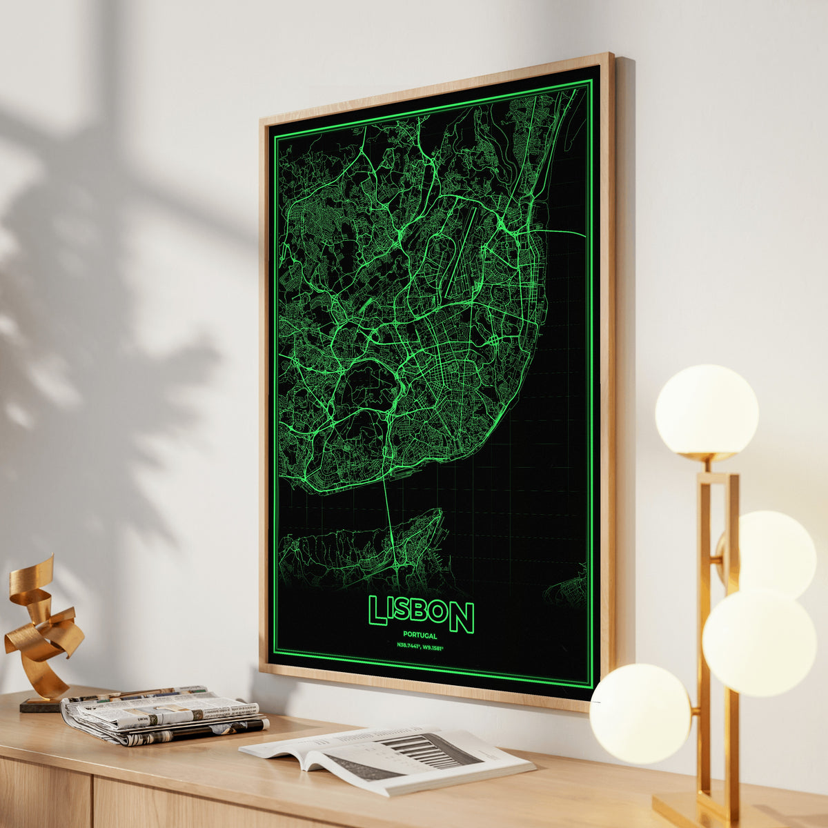 Lisbon Phosphor Map Poster - Phosphor Green
