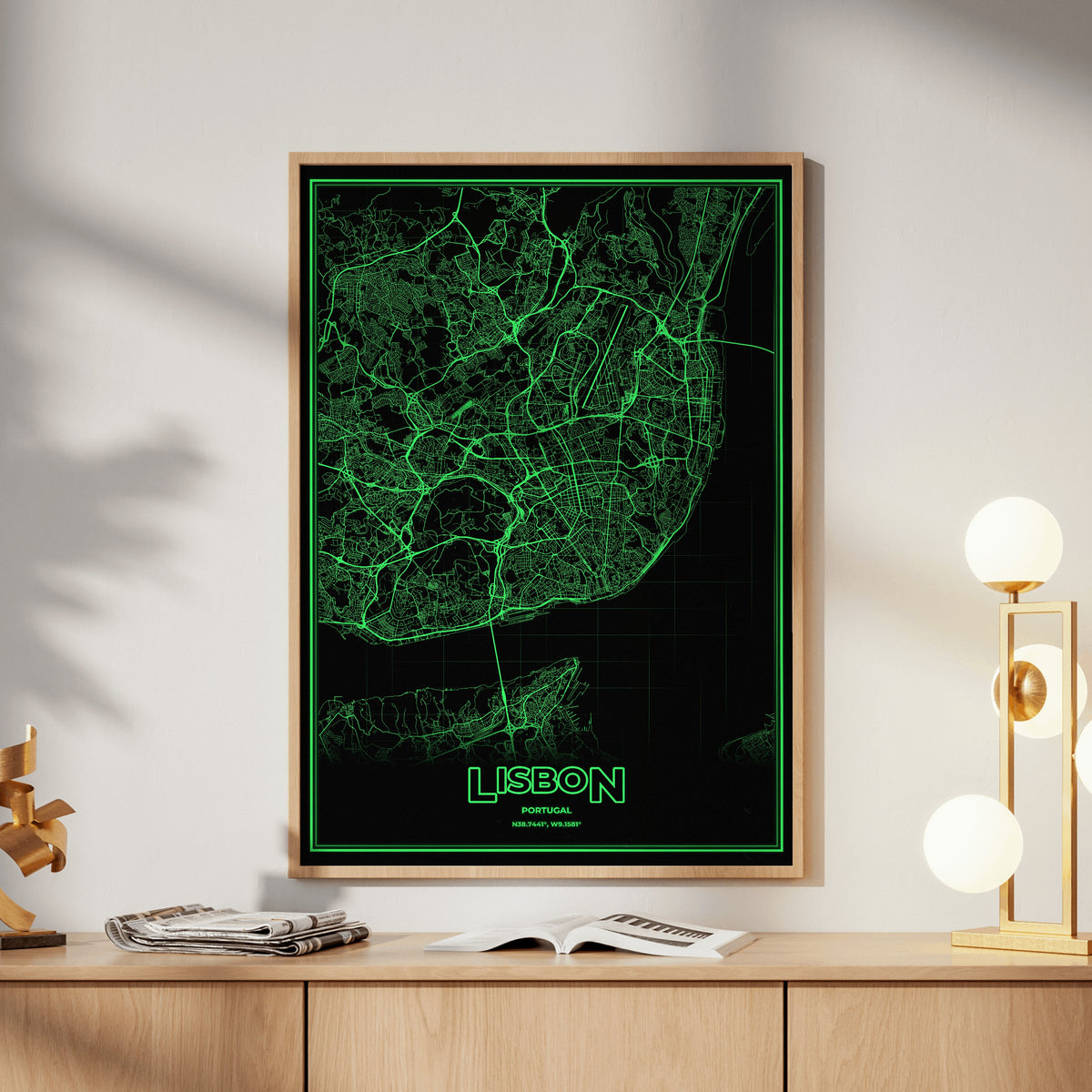 Lisbon Phosphor Map Poster - Phosphor Green
