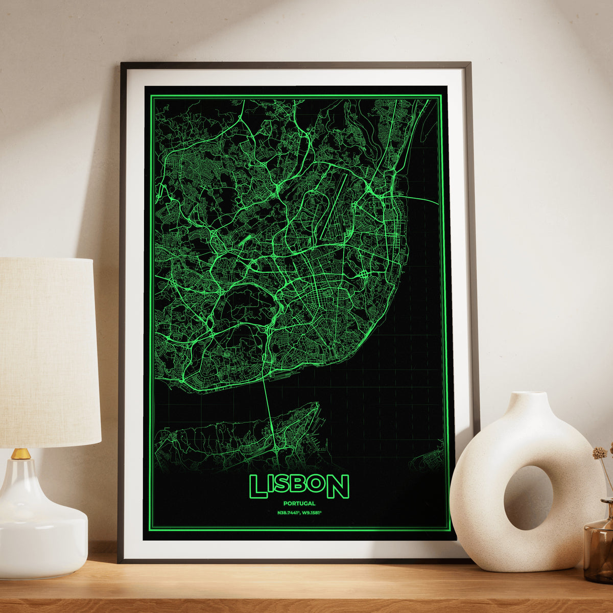 Lisbon Phosphor Map Poster - Phosphor Green