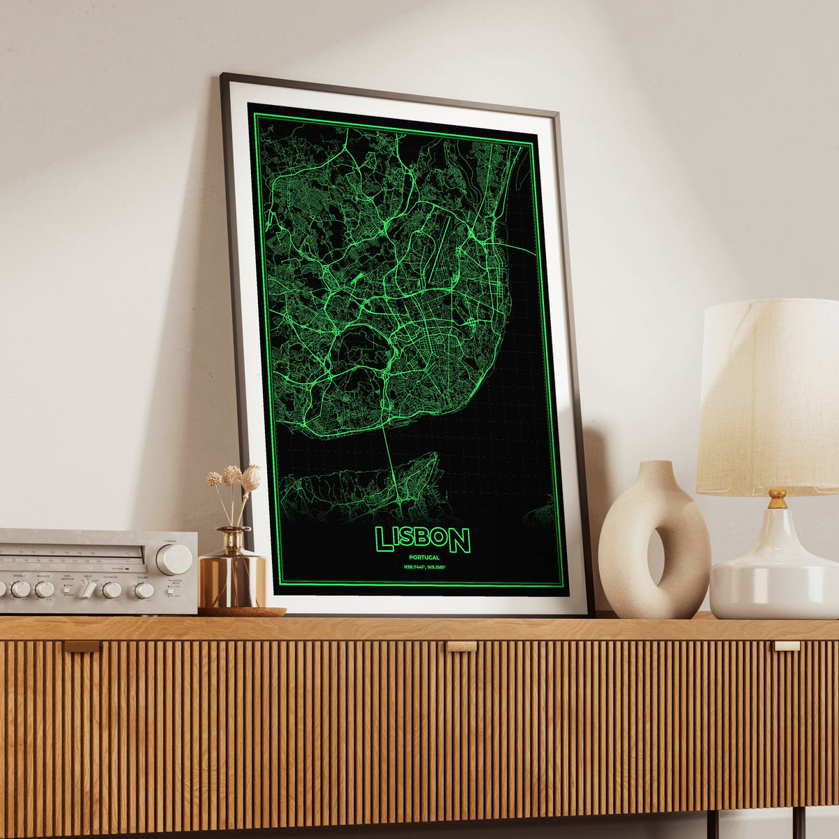 Lisbon Phosphor Map Poster - Phosphor Green