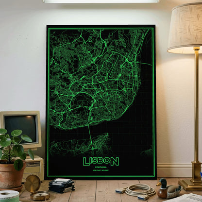 Lisbon Phosphor Map Poster - Phosphor Green