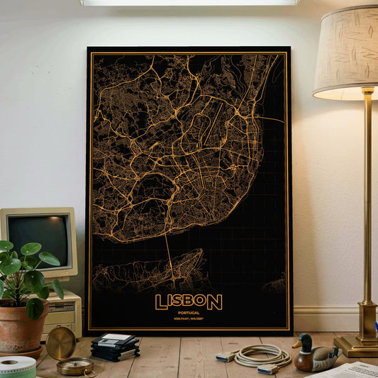 Lisbon Phosphor Map Poster - Amber CRT