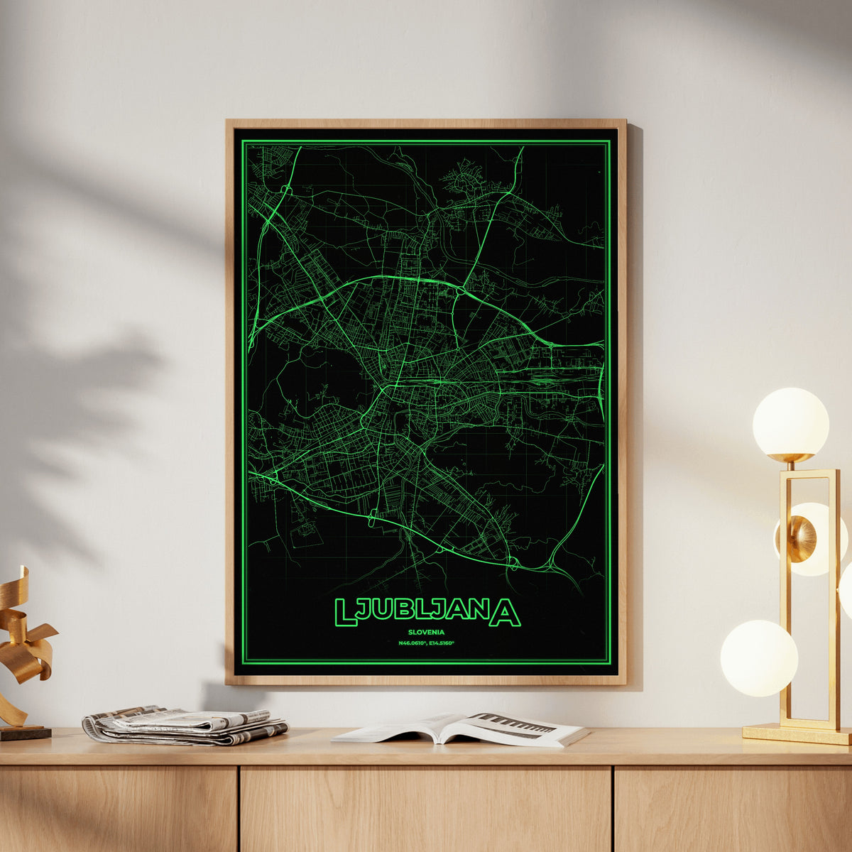 Ljubljana Phosphor Map Poster - Phosphor Green