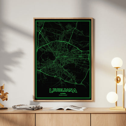 Ljubljana Phosphor Map Poster - Phosphor Green