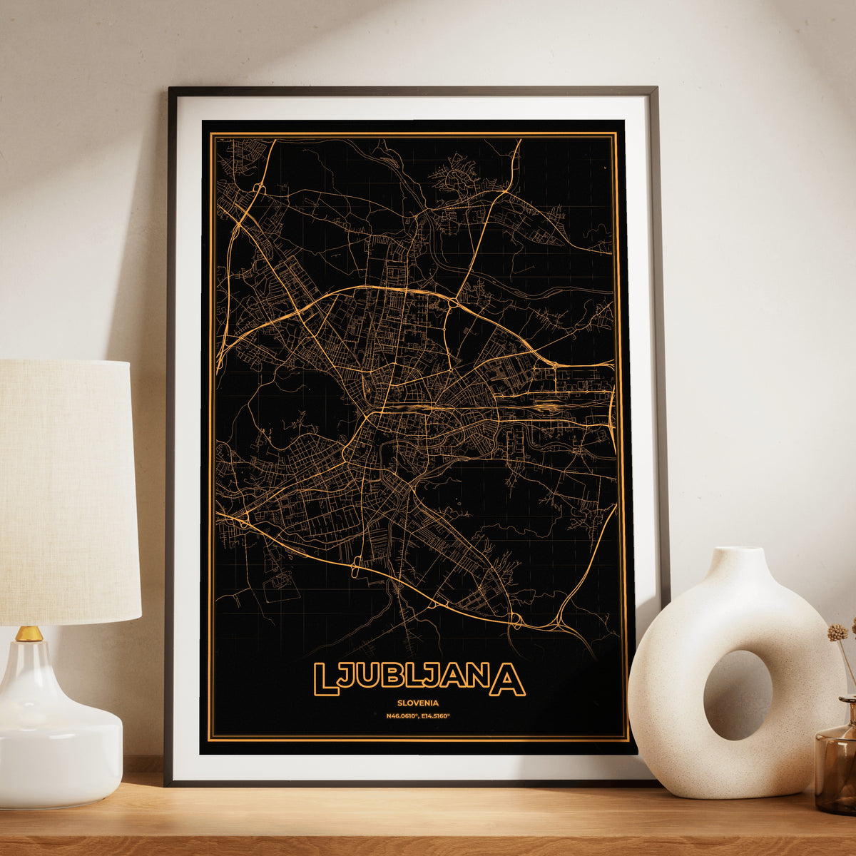 Ljubljana Phosphor Map Poster - Amber CRT