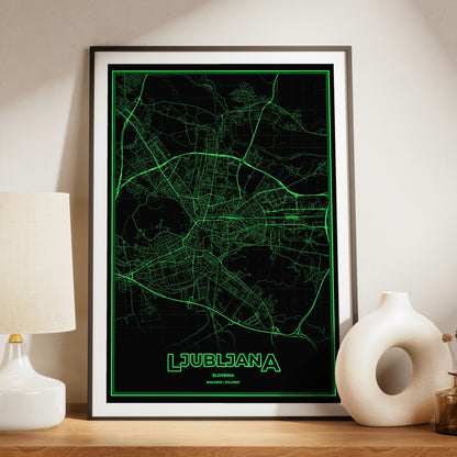 Ljubljana Phosphor Map Poster - Phosphor Green