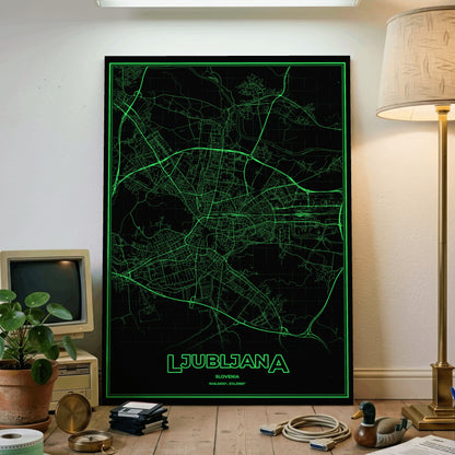 Ljubljana Phosphor Map Poster - Phosphor Green