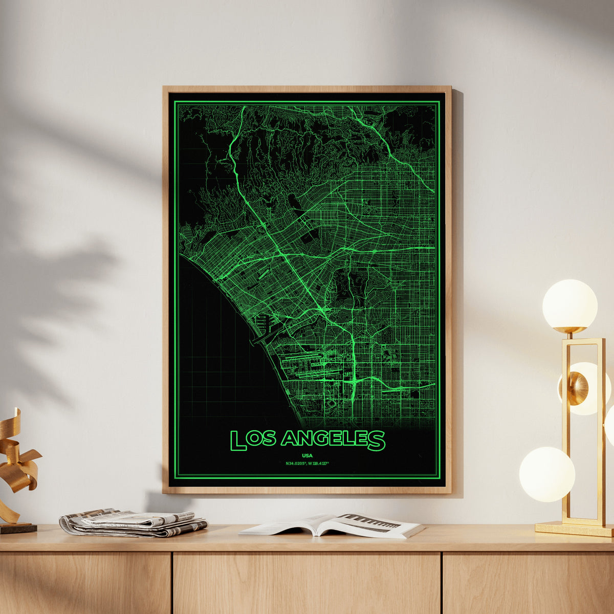 Los Angeles Phosphor Map Poster - Phosphor Green