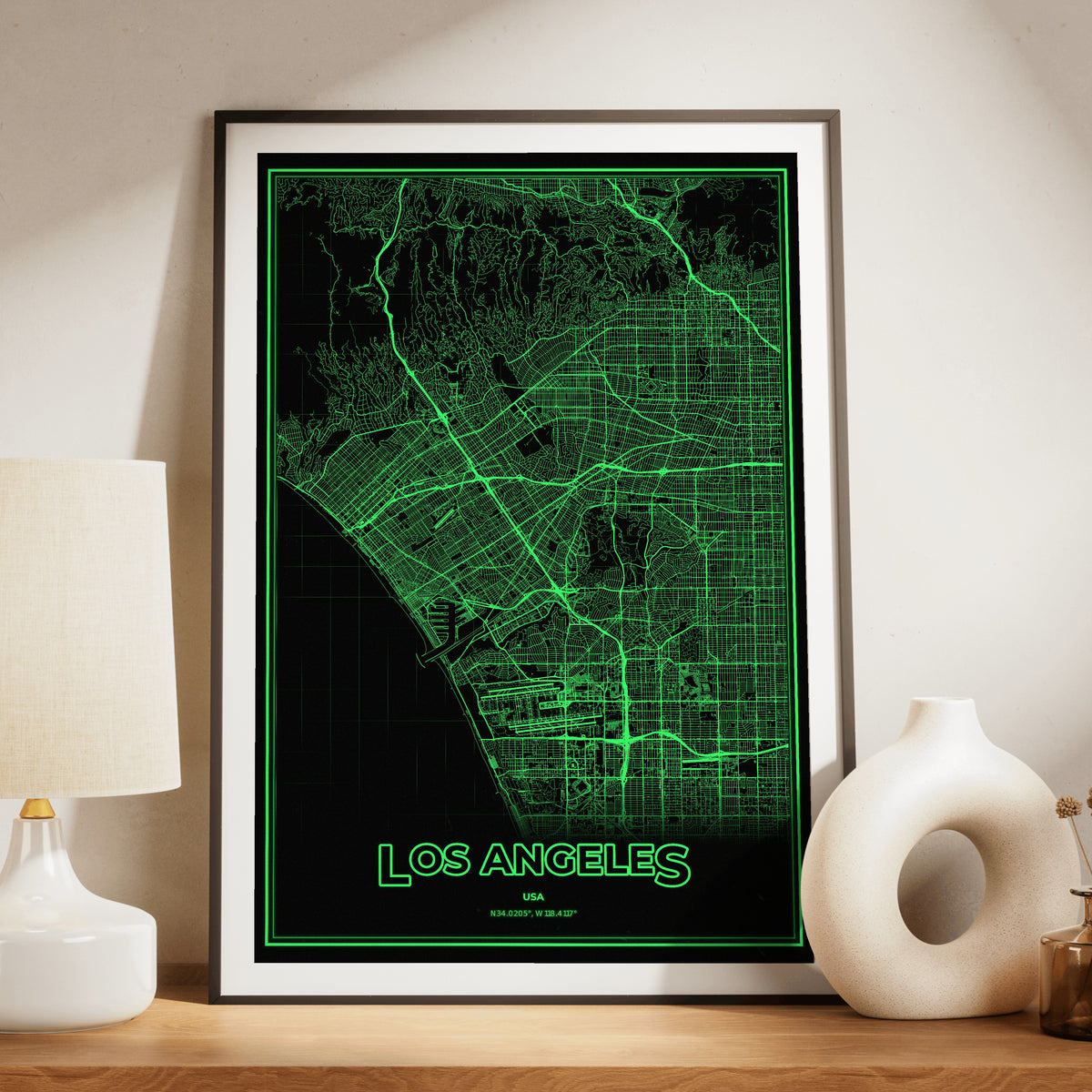 Los Angeles Phosphor Map Poster - Phosphor Green