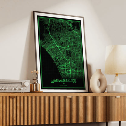 Los Angeles Phosphor Map Poster - Phosphor Green